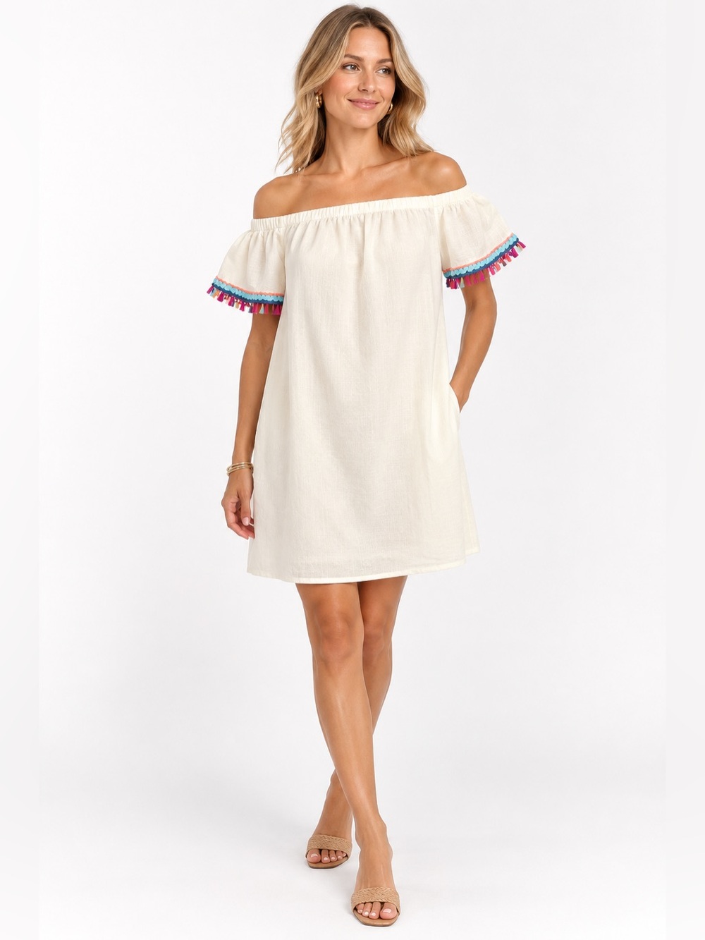 Buckley K Ivory Off Shoulder Silk Hemp Cotton Tassel Trim Mini Dress XS
